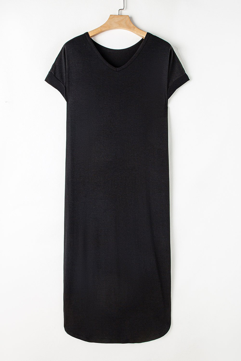 Black V Neck Hidden Pocket Splits Maxi T-shirt Dress - Creative Designs by Shanny