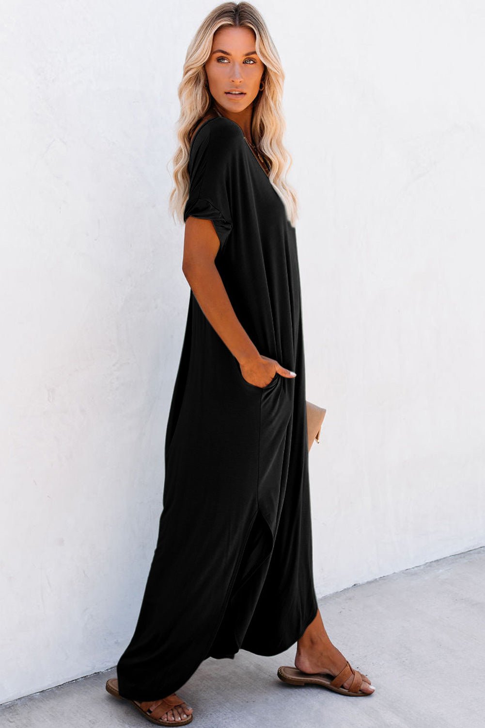 Black V Neck Hidden Pocket Splits Maxi T-shirt Dress - Creative Designs by Shanny