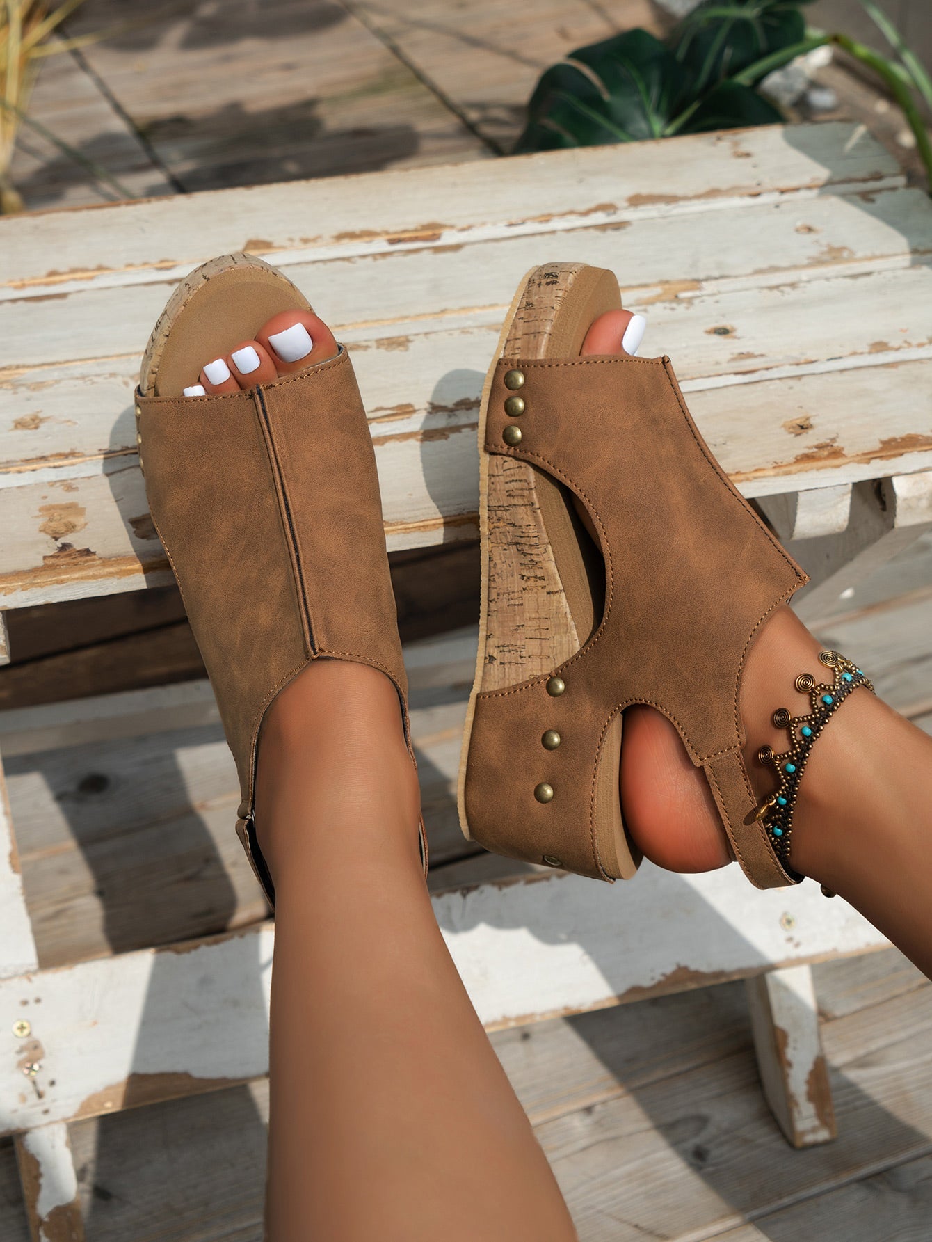 Black Vintage Leather Stitching Studded Wedge Sandals - Creative Designs by Shanny