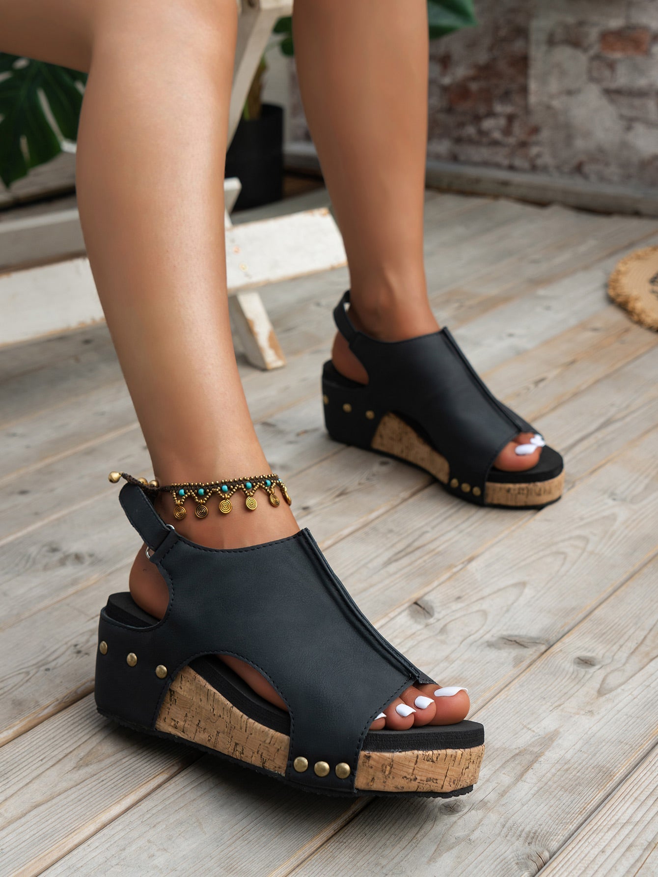 Black Vintage Leather Stitching Studded Wedge Sandals - Creative Designs by Shanny