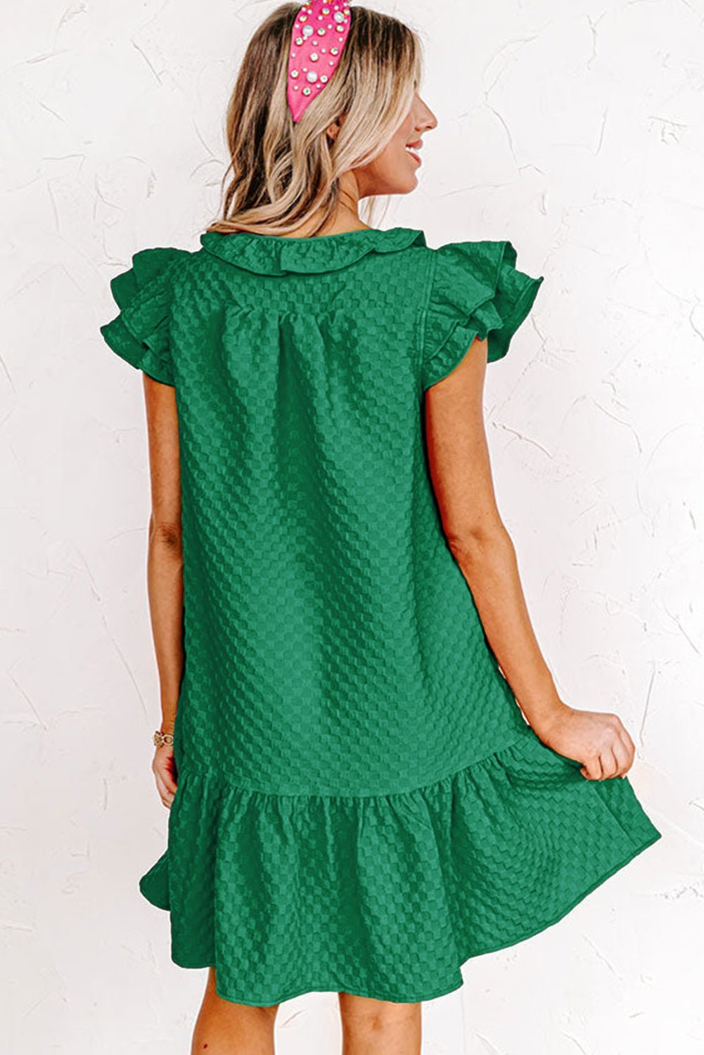 Blackish Green Flutter Sleeve Ruffled Textured Shift Dress - Creative Designs by Shanny