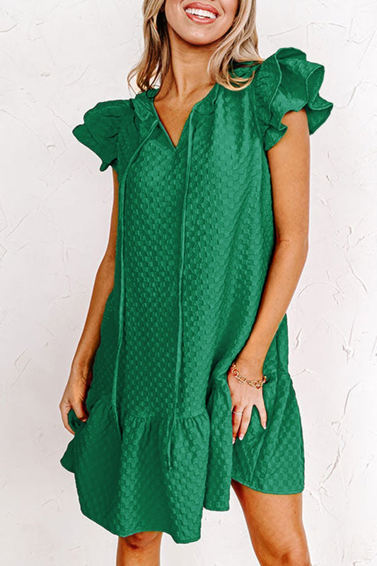 Blackish Green Flutter Sleeve Ruffled Textured Shift Dress - Creative Designs by Shanny