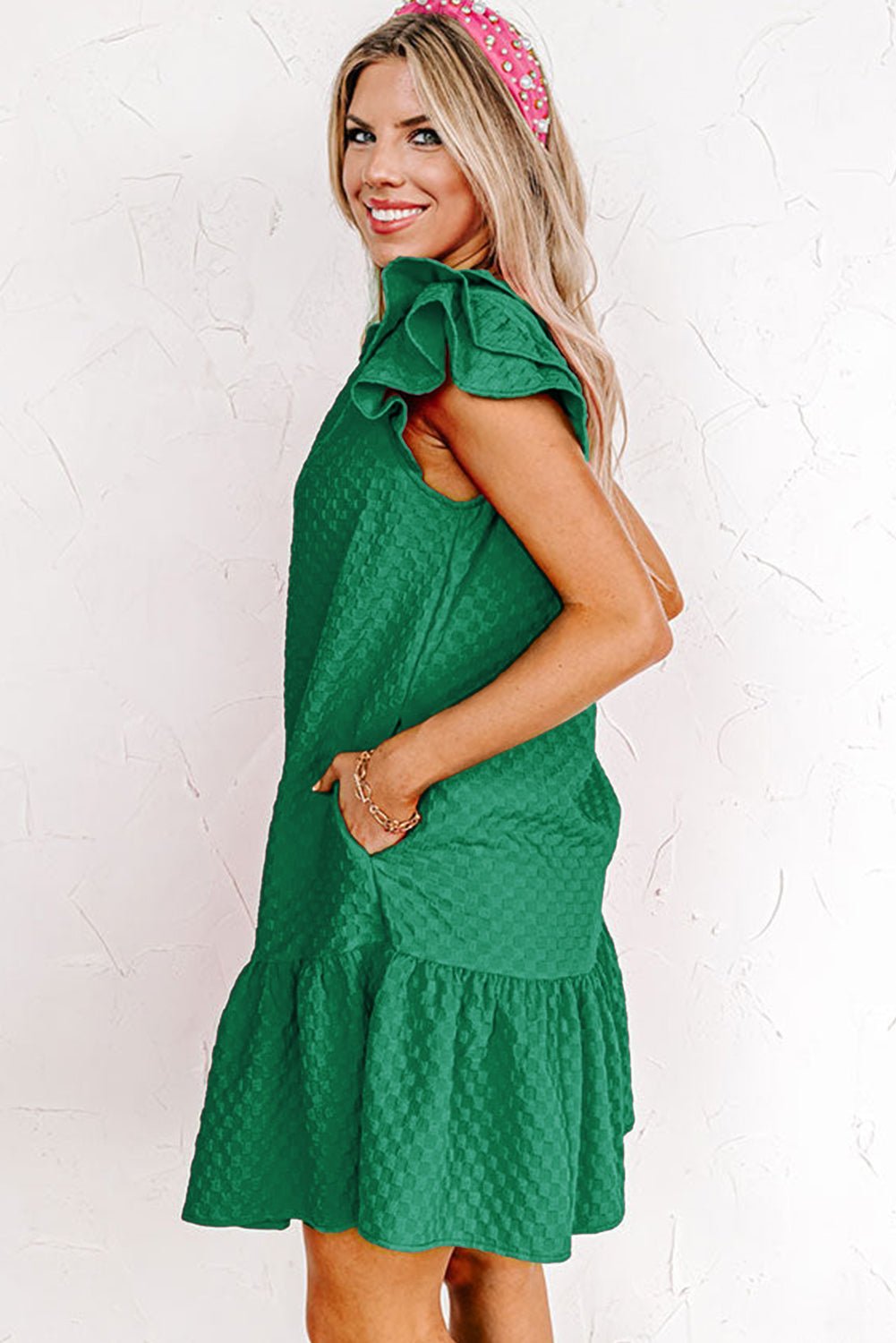 Blackish Green Flutter Sleeve Ruffled Textured Shift Dress - Creative Designs by Shanny