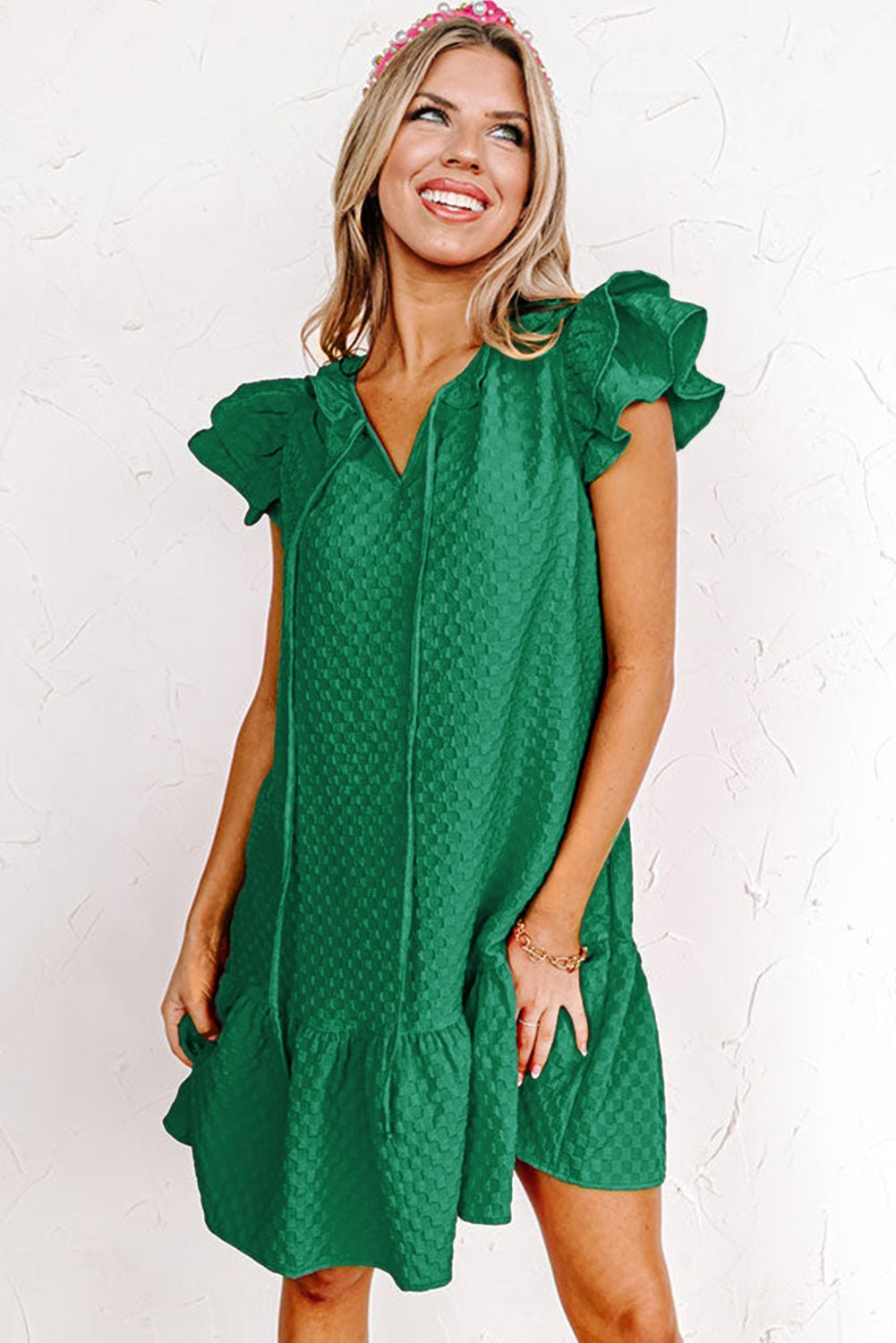 Blackish Green Flutter Sleeve Ruffled Textured Shift Dress - Creative Designs by Shanny