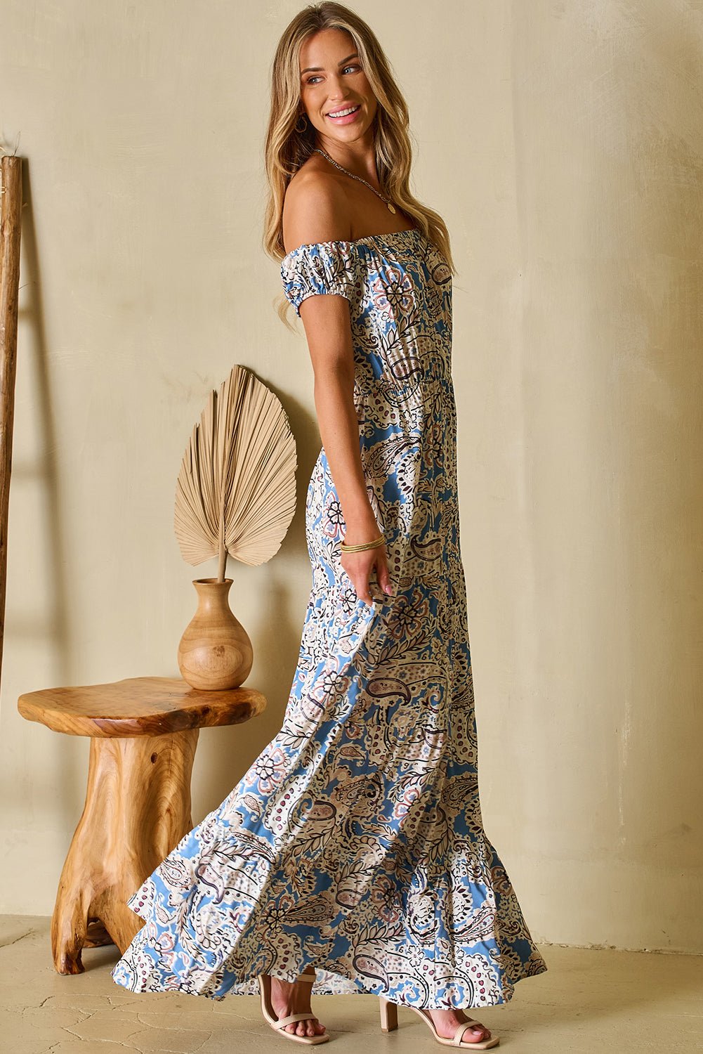 Blue Boho Paisley Print Off Shoulder Maxi Dress - Creative Designs by Shanny