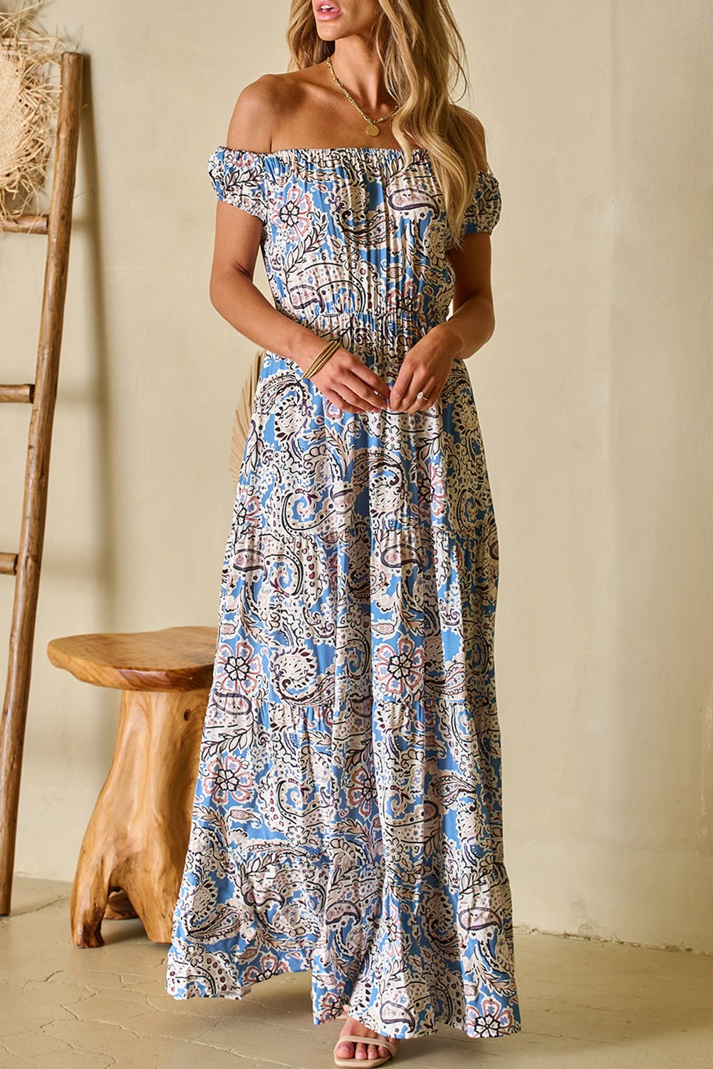 Blue Boho Paisley Print Off Shoulder Maxi Dress - Creative Designs by Shanny