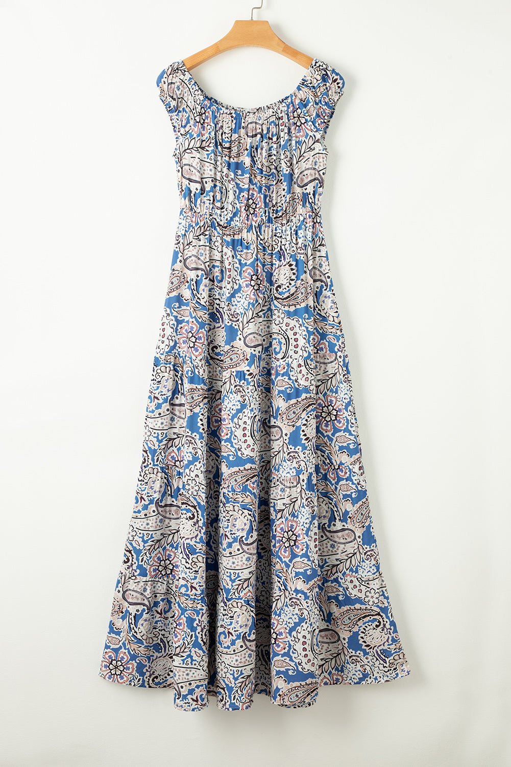 Blue Boho Paisley Print Off Shoulder Maxi Dress - Creative Designs by Shanny