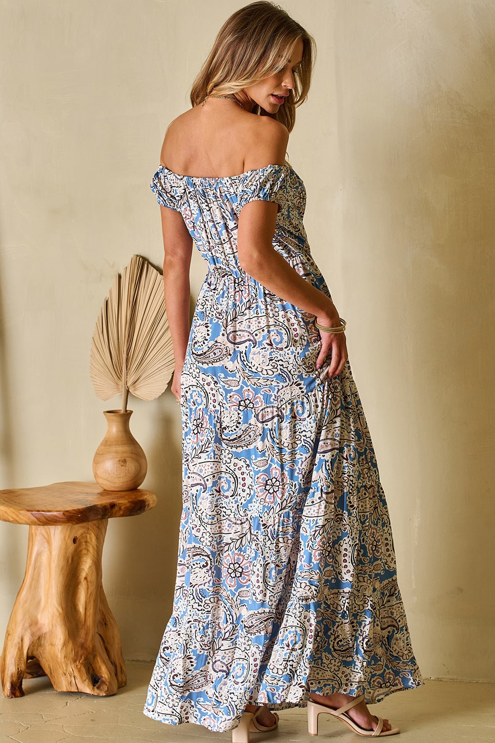 Blue Boho Paisley Print Off Shoulder Maxi Dress - Creative Designs by Shanny