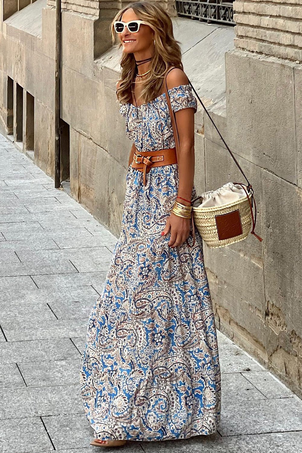 Blue Boho Paisley Print Off Shoulder Maxi Dress - Creative Designs by Shanny