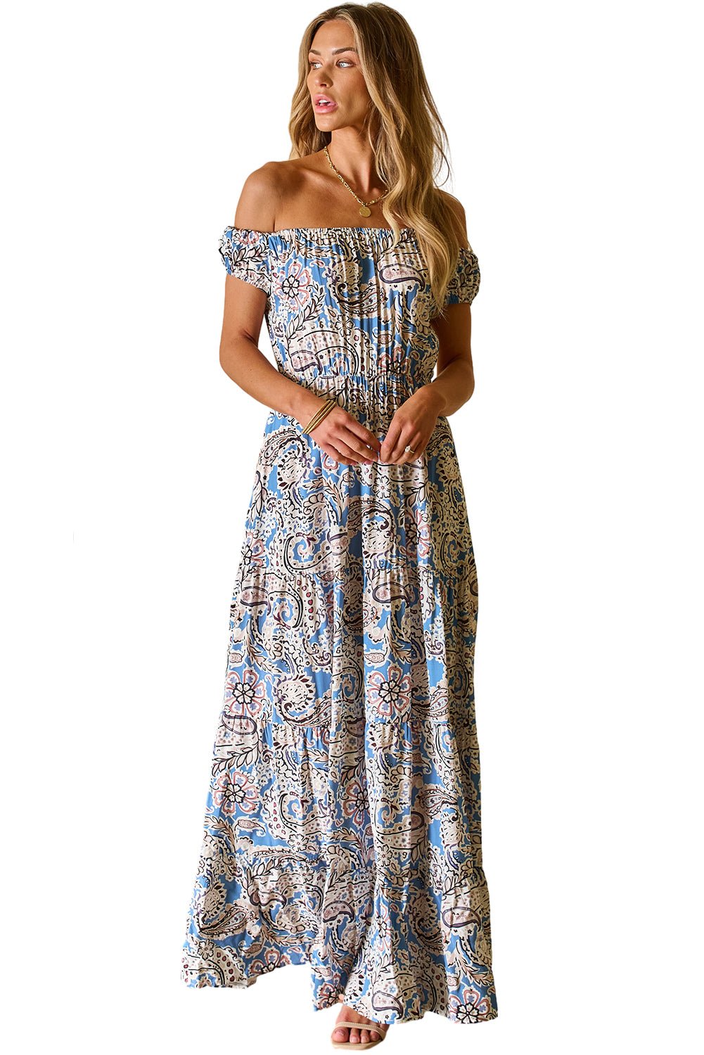 Blue Boho Paisley Print Off Shoulder Maxi Dress - Creative Designs by Shanny