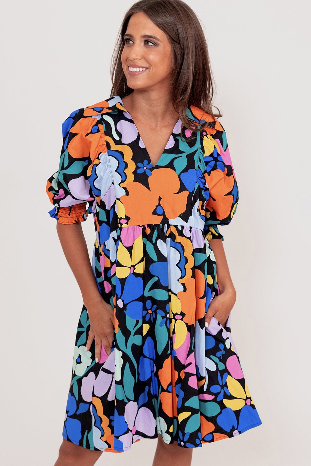 Blue Collared Split Neck Floral Flared Dress - Creative Designs by Shanny