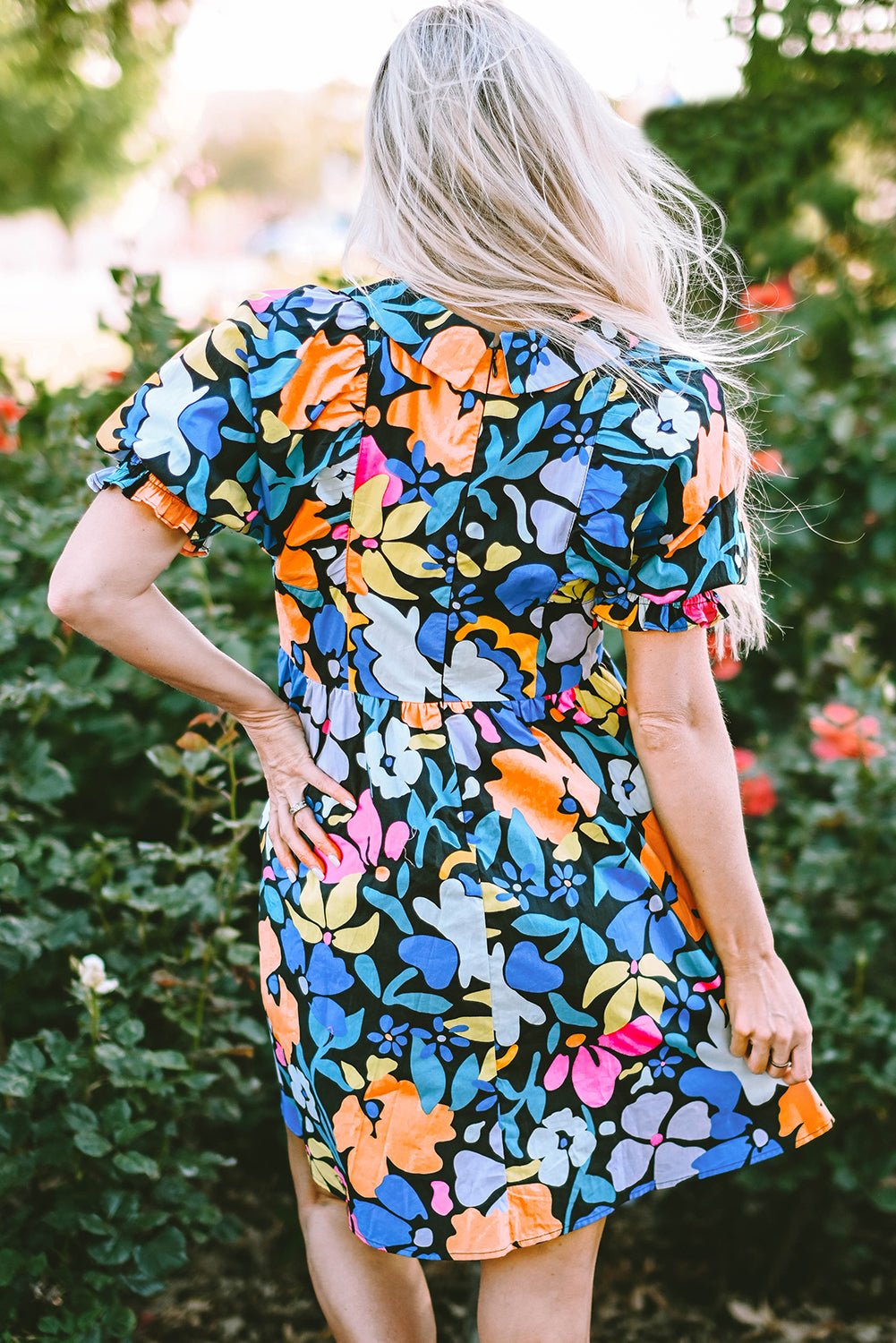 Blue Collared Split Neck Floral Flared Dress - Creative Designs by Shanny