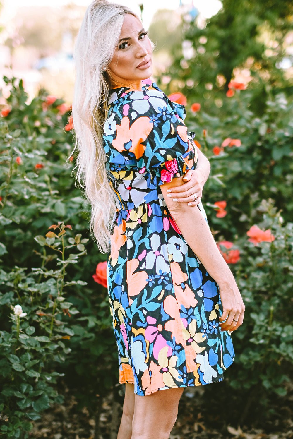 Blue Collared Split Neck Floral Flared Dress - Creative Designs by Shanny