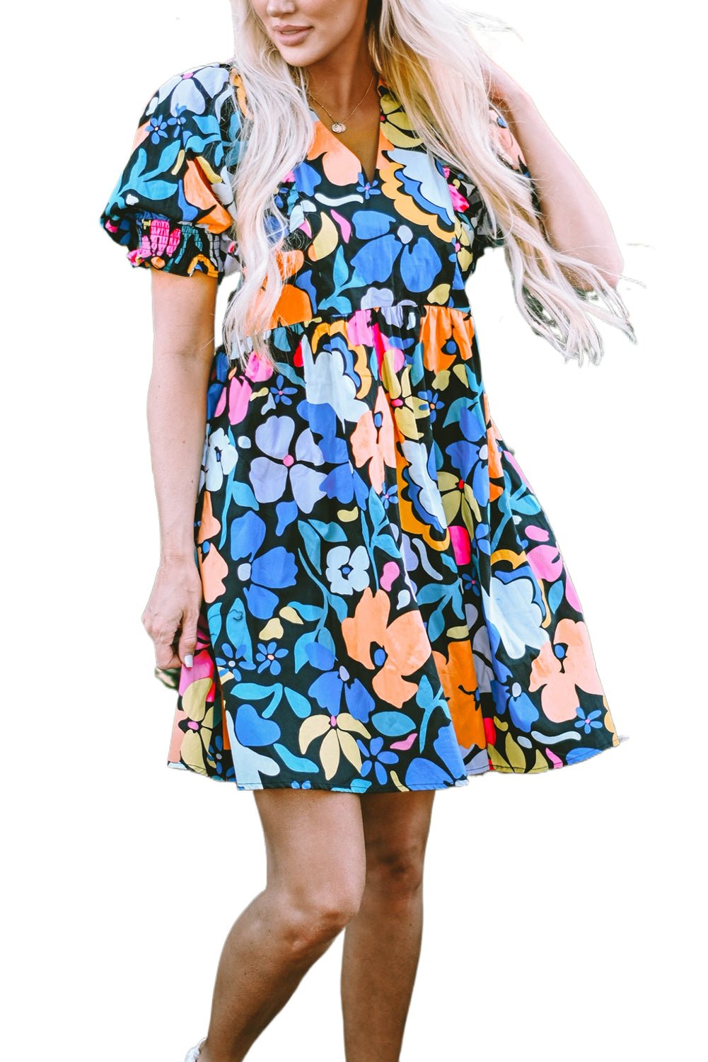 Blue Collared Split Neck Floral Flared Dress - Creative Designs by Shanny