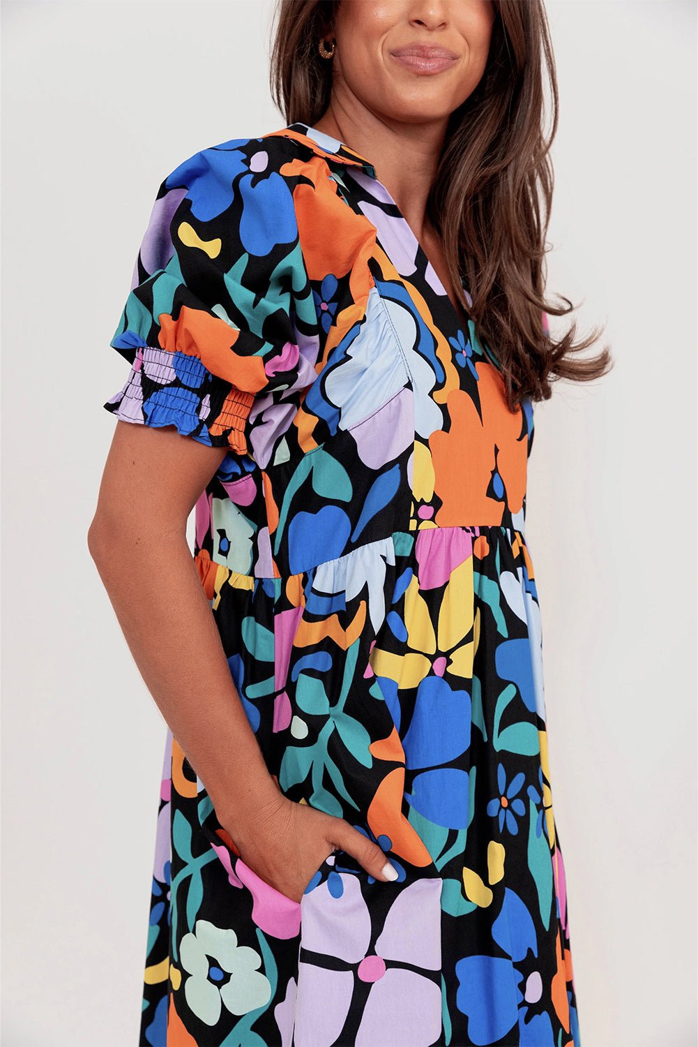 Blue Collared Split Neck Floral Flared Dress - Creative Designs by Shanny