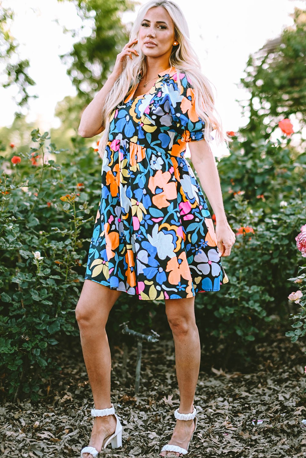 Blue Collared Split Neck Floral Flared Dress - Creative Designs by Shanny