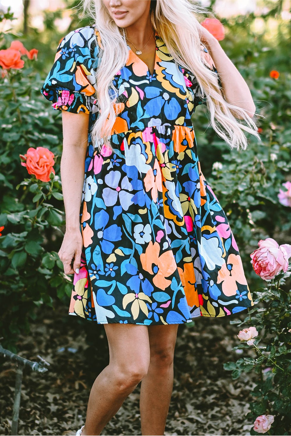 Blue Collared Split Neck Floral Flared Dress - Creative Designs by Shanny