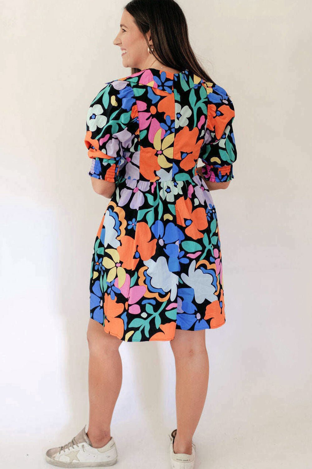 Blue Collared Split Neck Floral Flared Dress - Creative Designs by Shanny