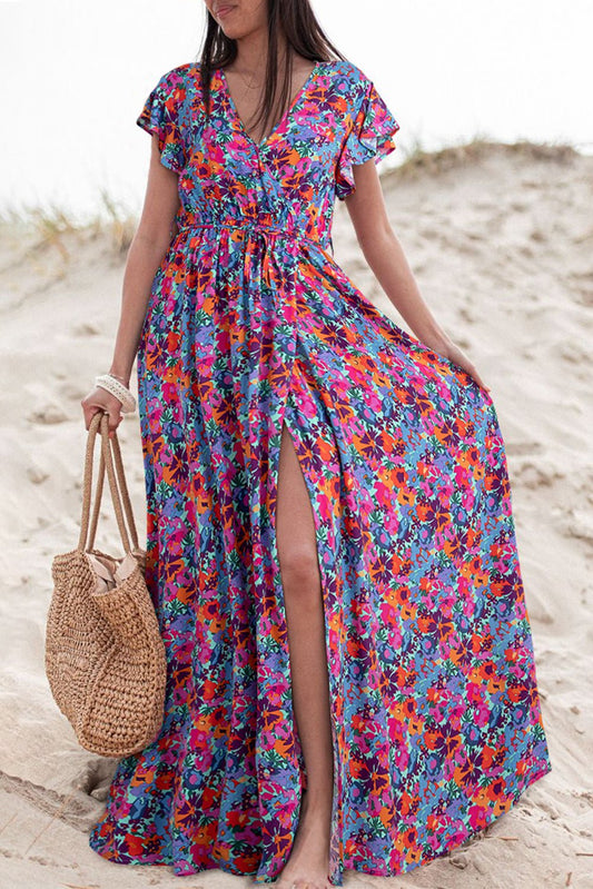 Blue Floral Print V Neck Wrap Split Maxi Dress - Creative Designs by Shanny