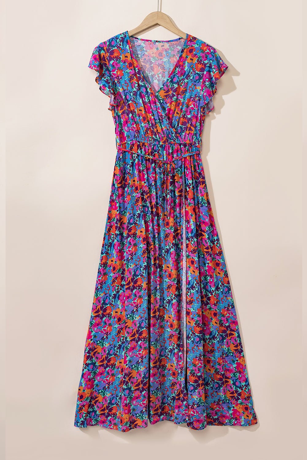 Blue Floral Print V Neck Wrap Split Maxi Dress - Creative Designs by Shanny