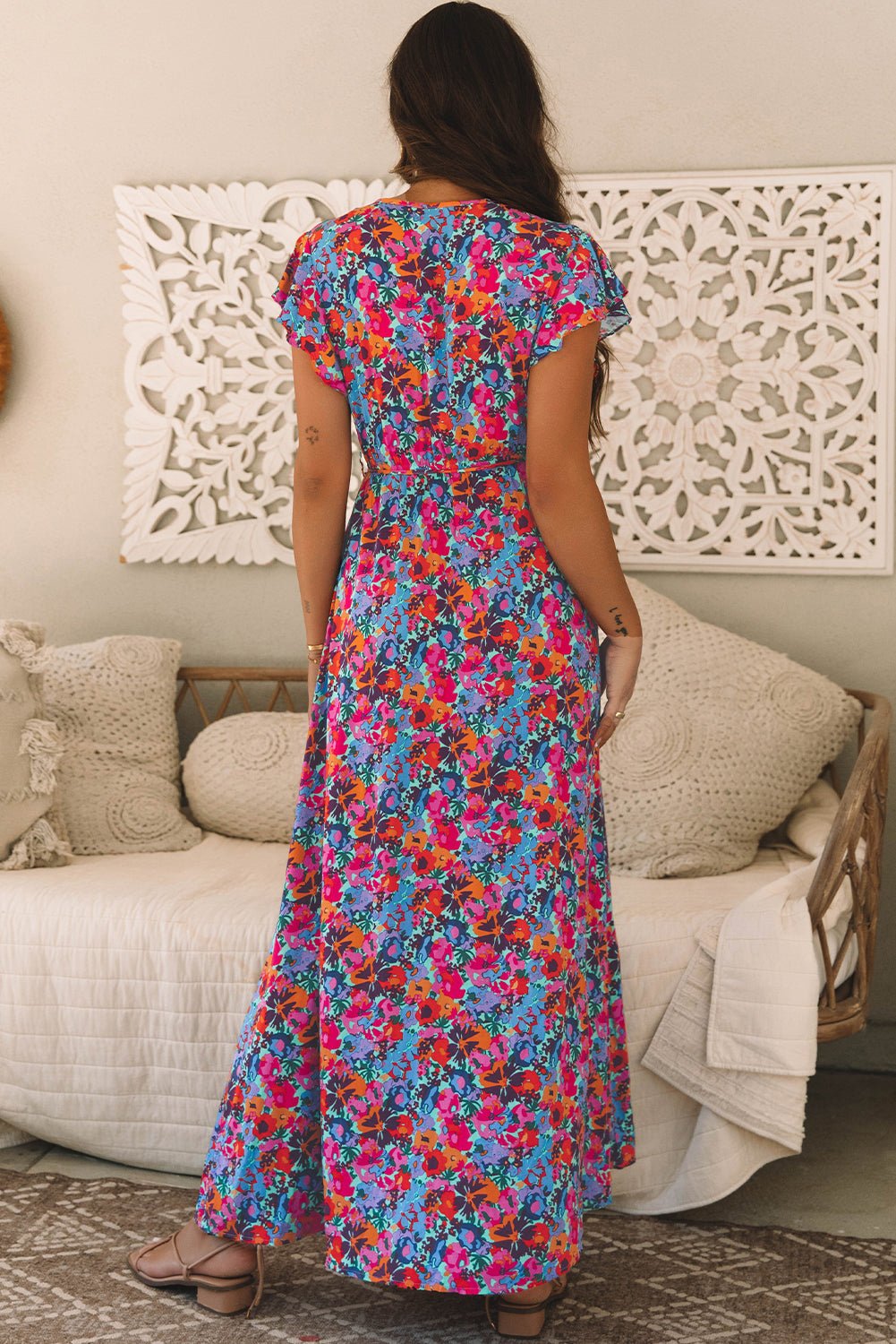 Blue Floral Print V Neck Wrap Split Maxi Dress - Creative Designs by Shanny