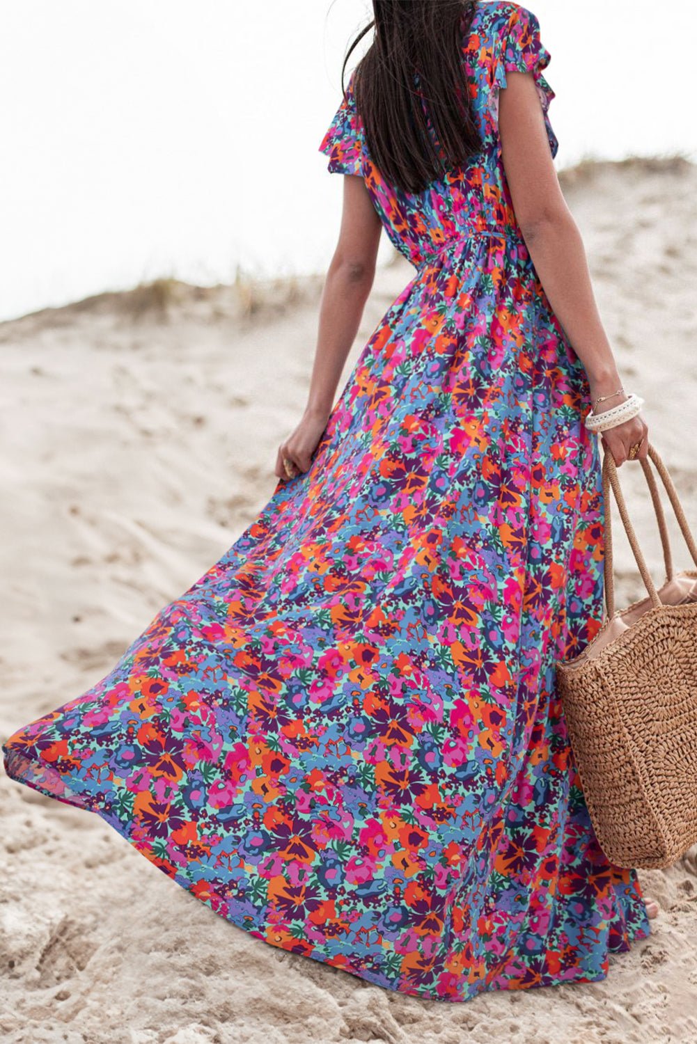 Blue Floral Print V Neck Wrap Split Maxi Dress - Creative Designs by Shanny