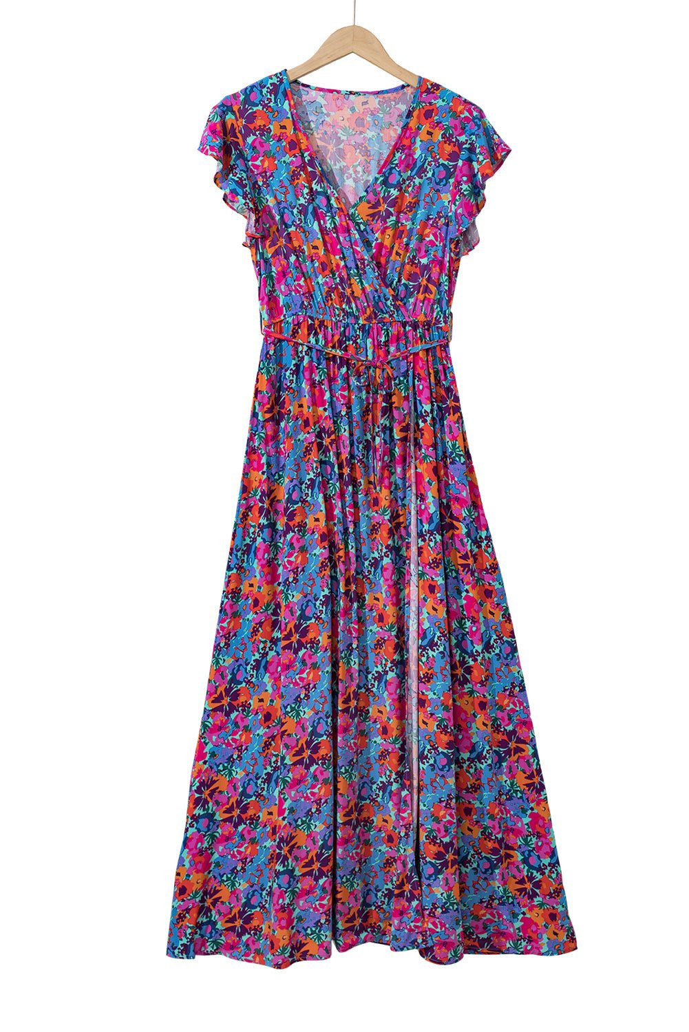 Blue Floral Print V Neck Wrap Split Maxi Dress - Creative Designs by Shanny