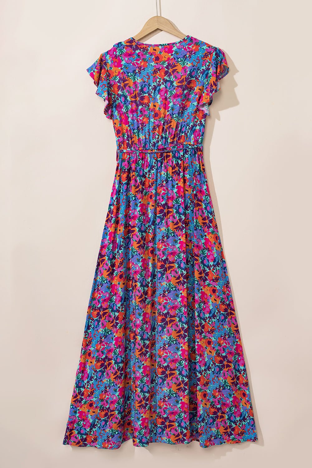 Blue Floral Print V Neck Wrap Split Maxi Dress - Creative Designs by Shanny