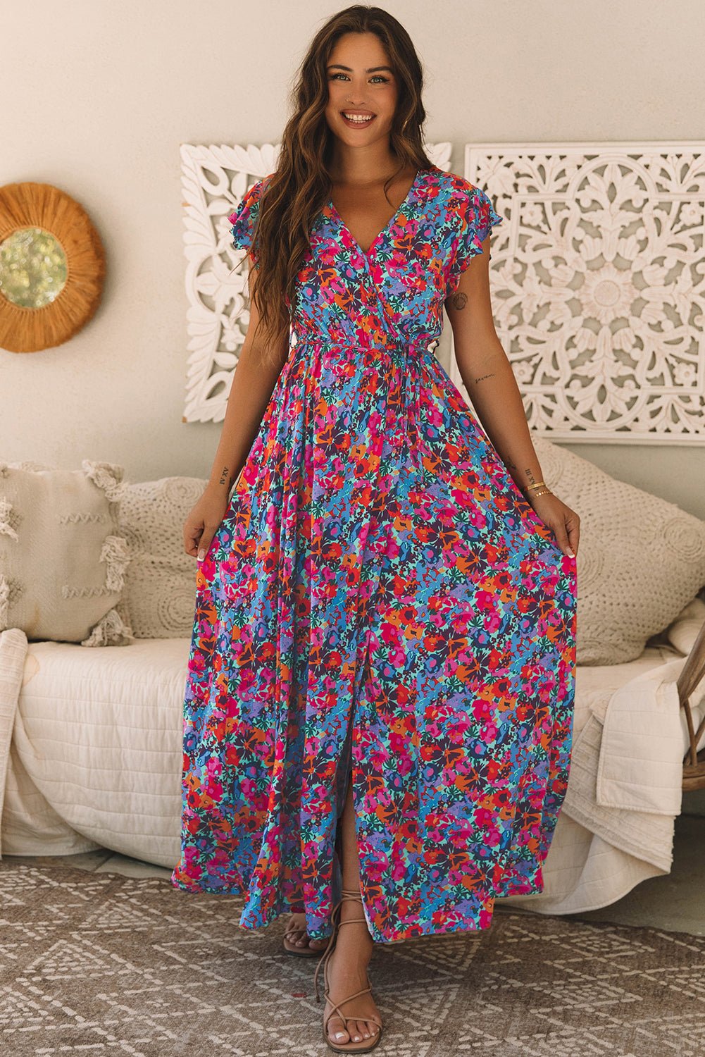 Blue Floral Print V Neck Wrap Split Maxi Dress - Creative Designs by Shanny