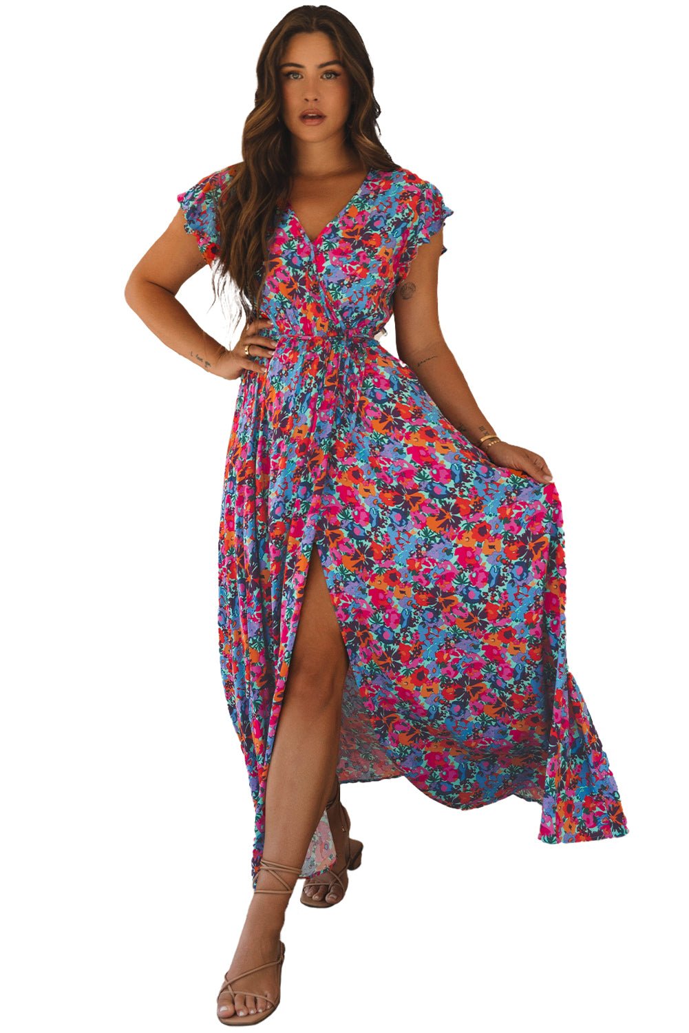 Blue Floral Print V Neck Wrap Split Maxi Dress - Creative Designs by Shanny