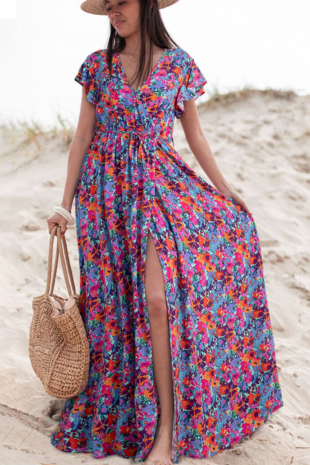 Blue Floral Print V Neck Wrap Split Maxi Dress - Creative Designs by Shanny