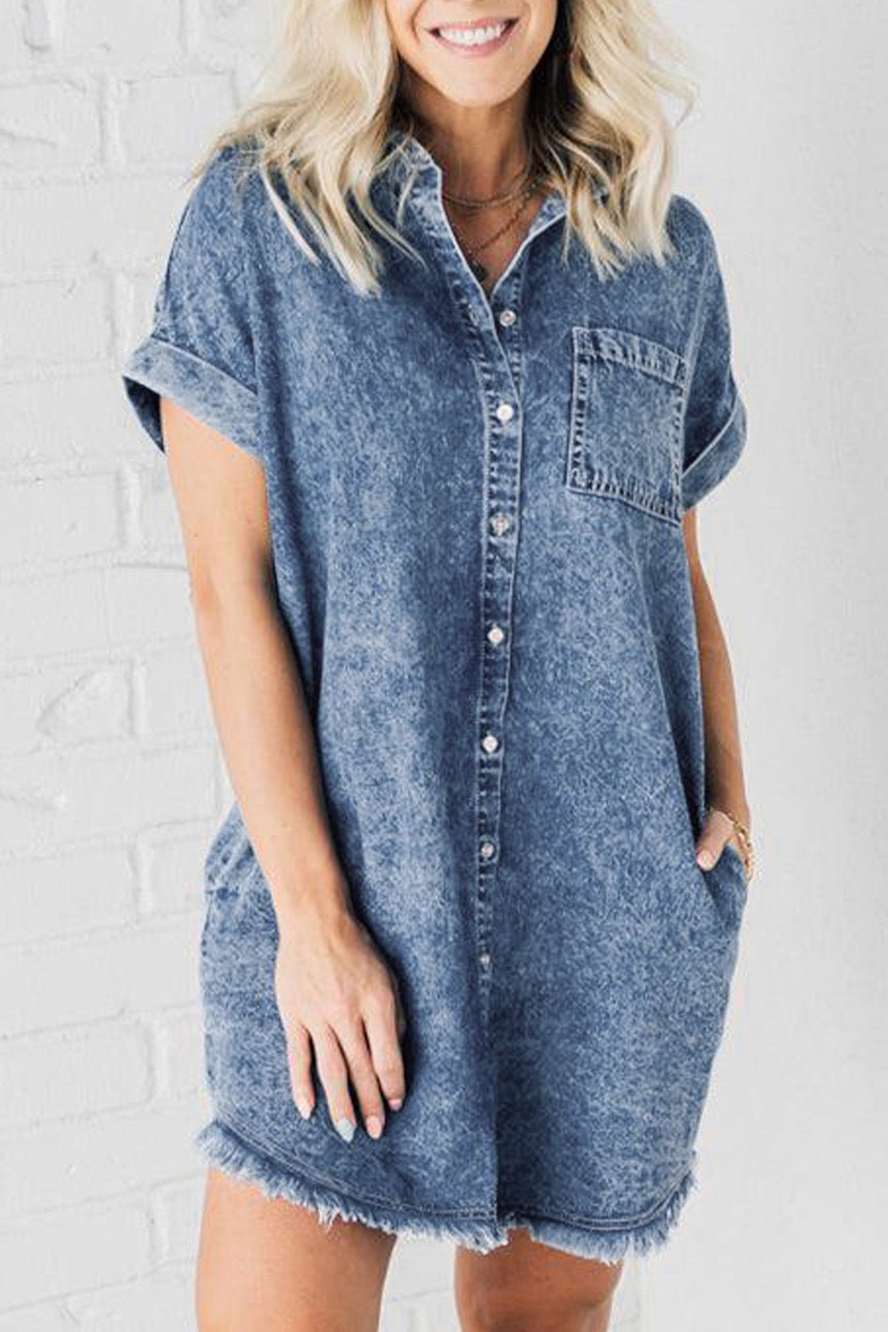 Blue Mineral Wash Cuffed Sleeve Frayed Hem Denim Dress - Creative Designs by Shanny