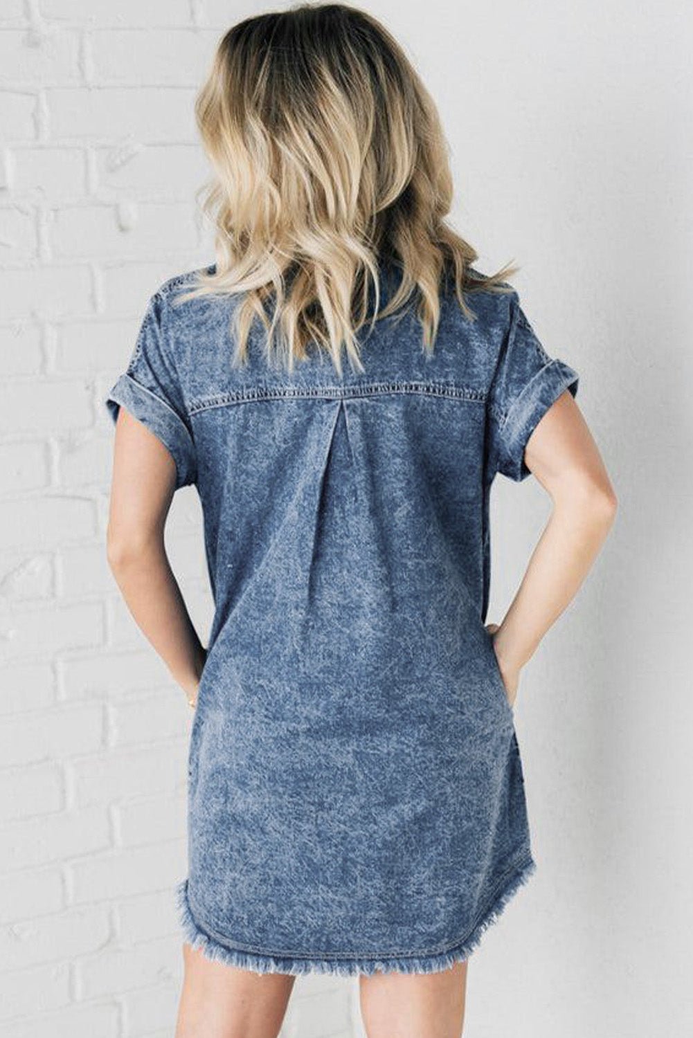 Blue Mineral Wash Cuffed Sleeve Frayed Hem Denim Dress - Creative Designs by Shanny