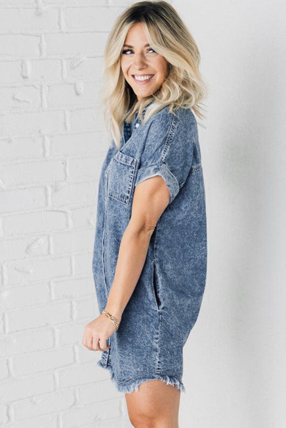 Blue Mineral Wash Cuffed Sleeve Frayed Hem Denim Dress - Creative Designs by Shanny