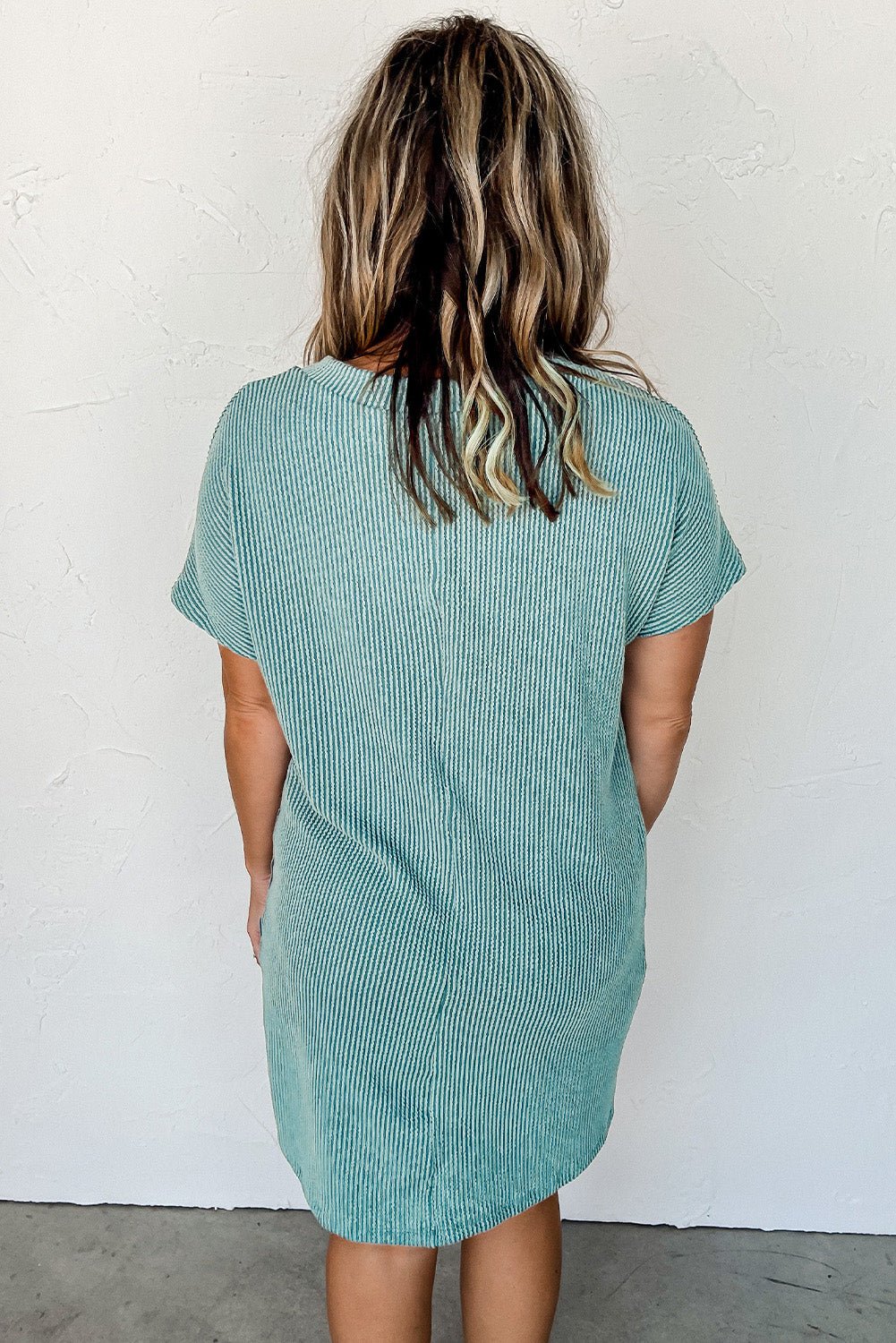 Blue Ribbed Chest Pocket Casual T Shirt Dress - Creative Designs by Shanny