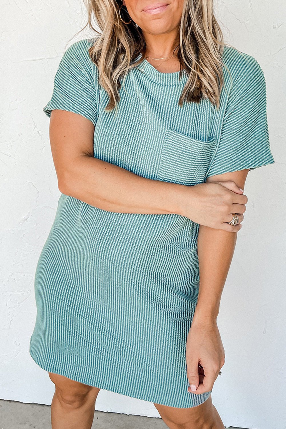 Blue Ribbed Chest Pocket Casual T Shirt Dress - Creative Designs by Shanny