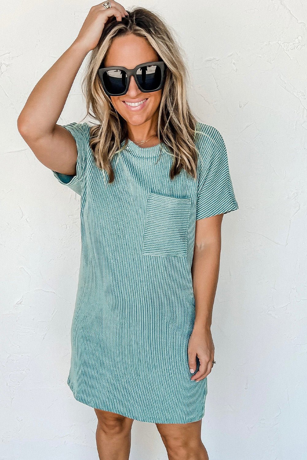 Blue Ribbed Chest Pocket Casual T Shirt Dress - Creative Designs by Shanny