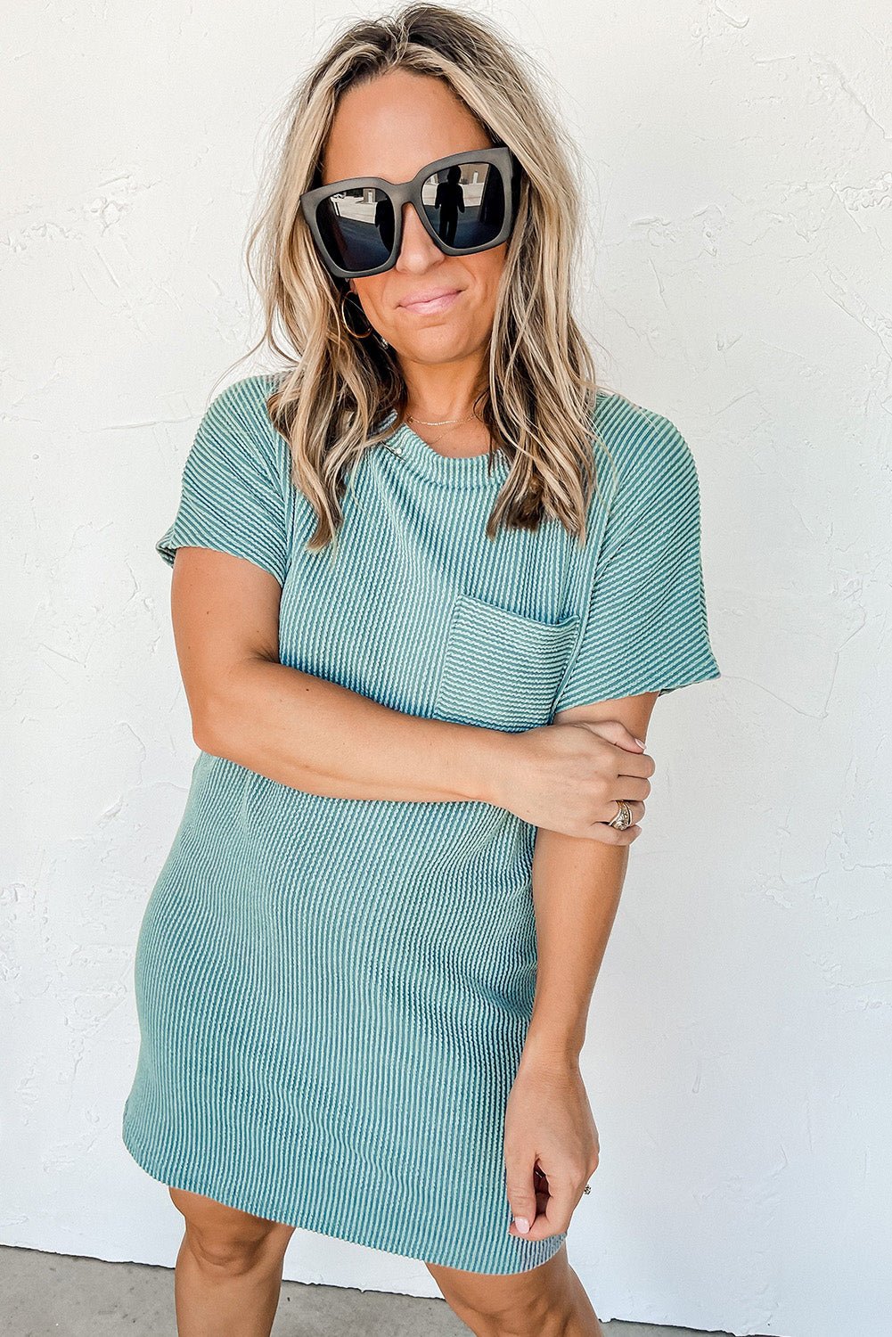 Blue Ribbed Chest Pocket Casual T Shirt Dress - Creative Designs by Shanny