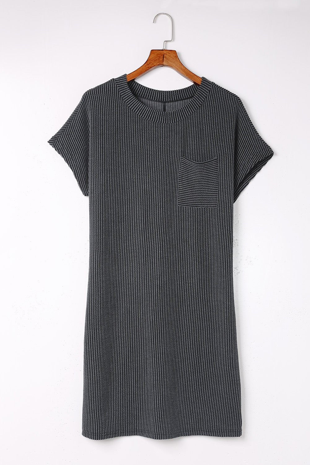 Blue Ribbed Chest Pocket Casual T Shirt Dress - Creative Designs by Shanny