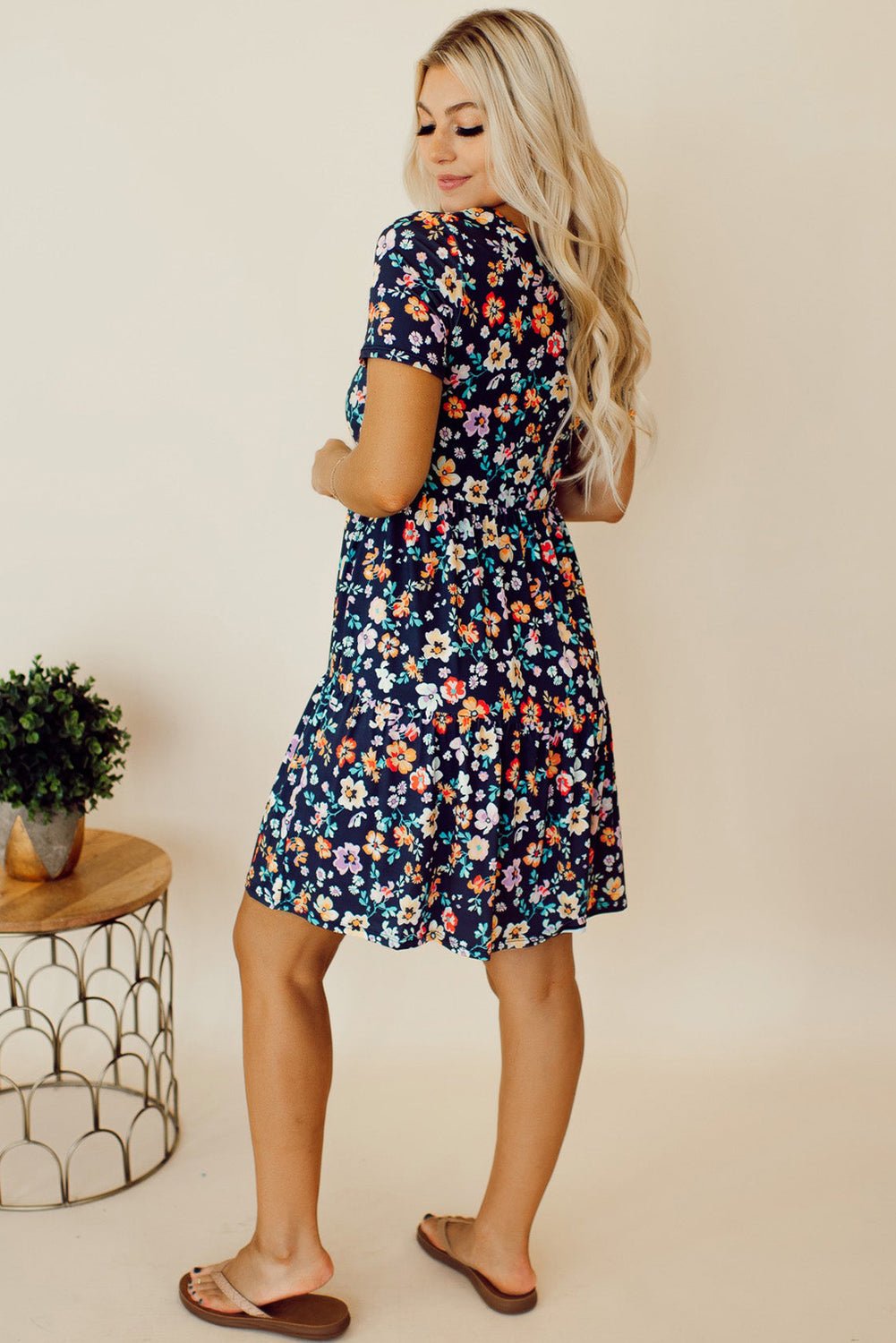 Blue Short Sleeve A - line Floral Dress - Creative Designs by Shanny