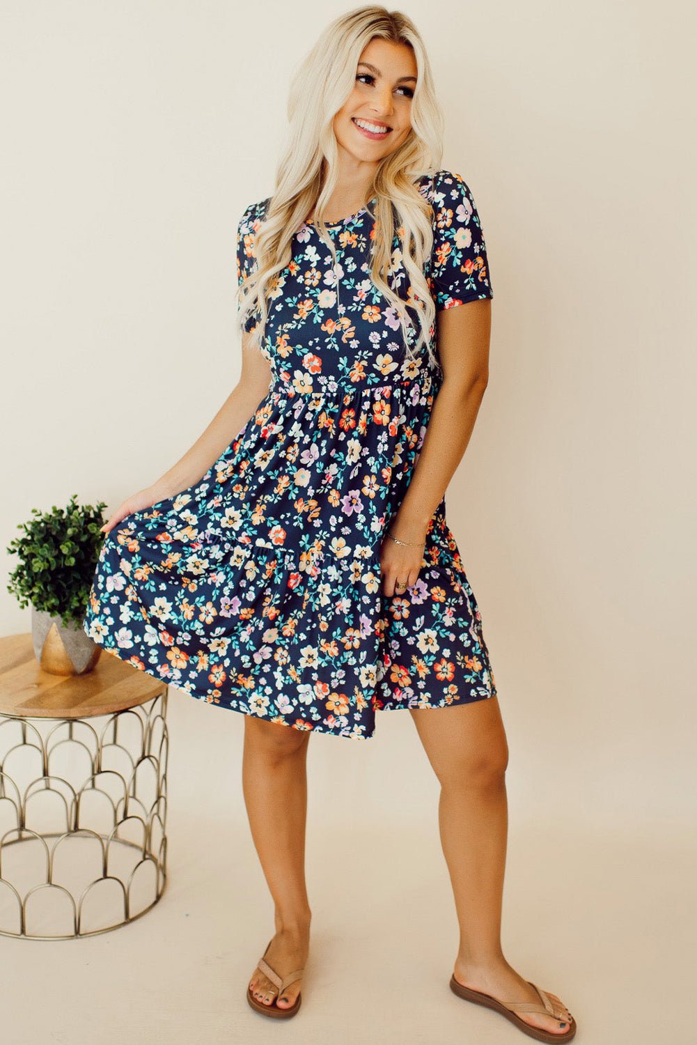 Blue Short Sleeve A - line Floral Dress - Creative Designs by Shanny