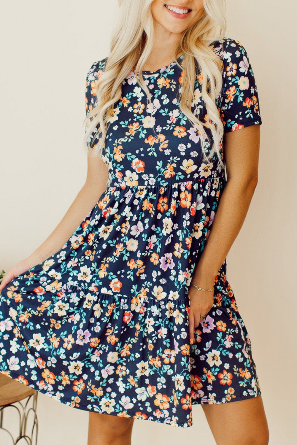 Blue Short Sleeve A - line Floral Dress - Creative Designs by Shanny