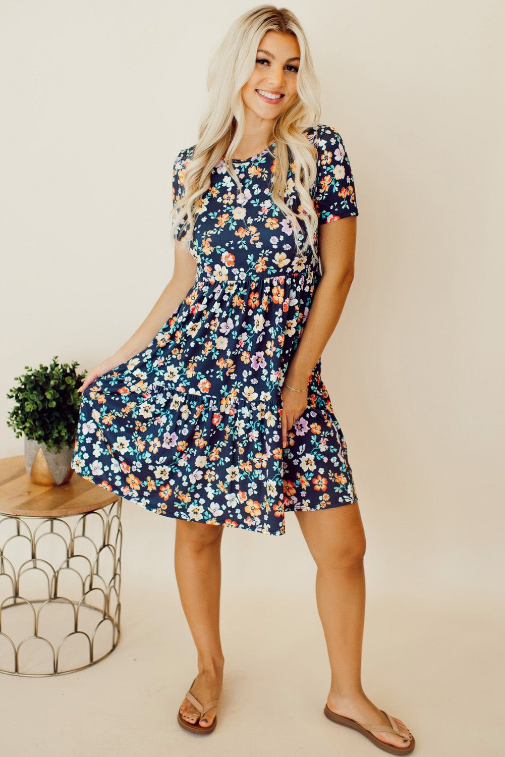 Blue Short Sleeve A - line Floral Dress - Creative Designs by Shanny