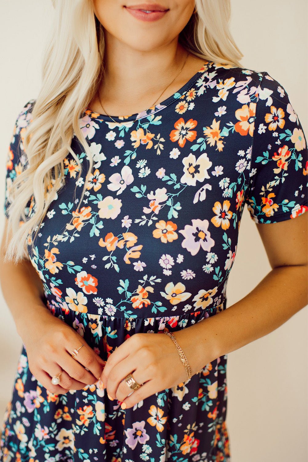 Blue Short Sleeve A - line Floral Dress - Creative Designs by Shanny