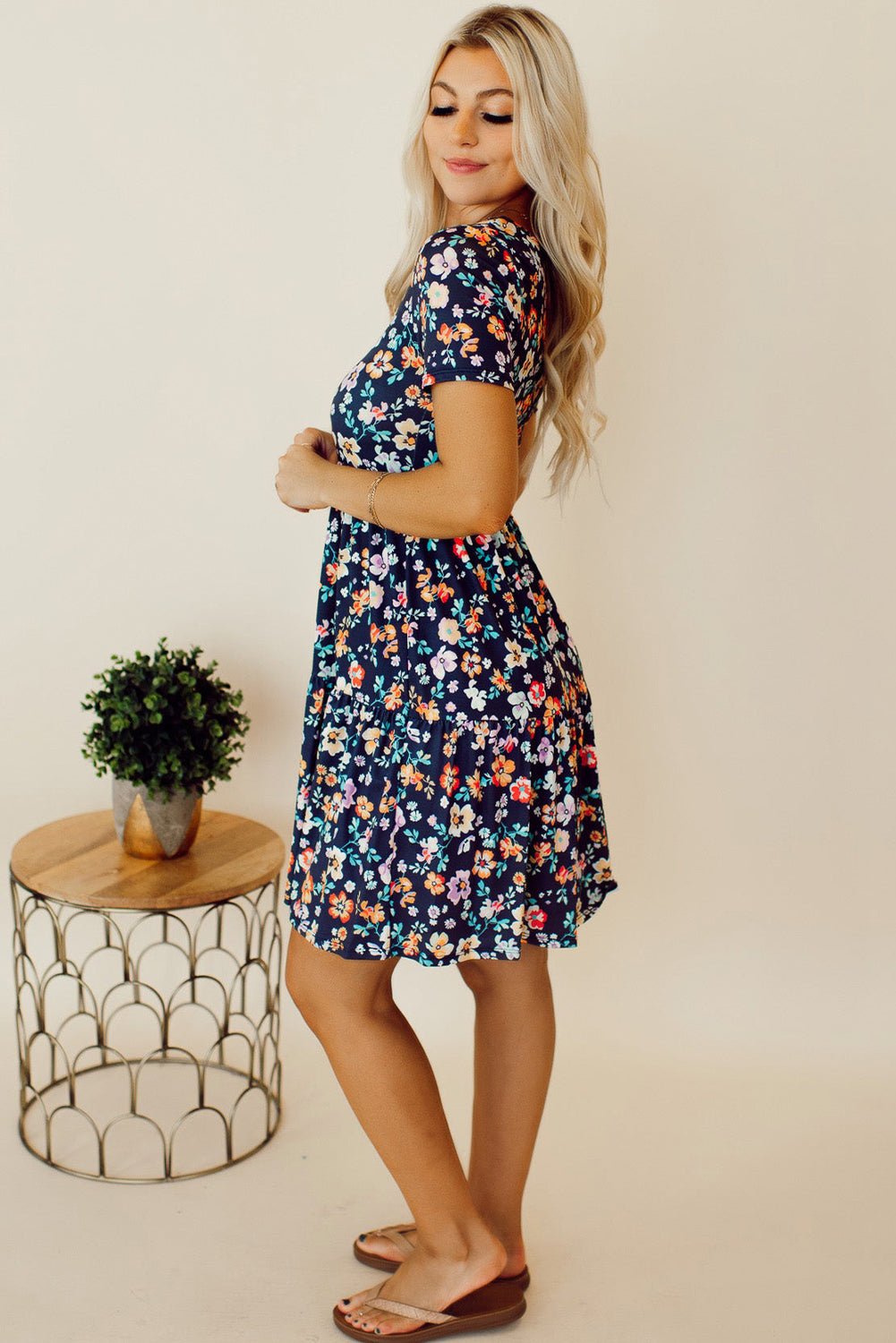 Blue Short Sleeve A - line Floral Dress - Creative Designs by Shanny