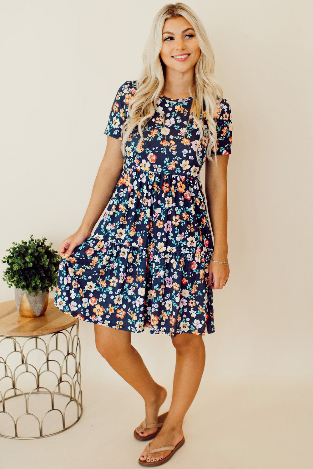 Blue Short Sleeve A - line Floral Dress - Creative Designs by Shanny