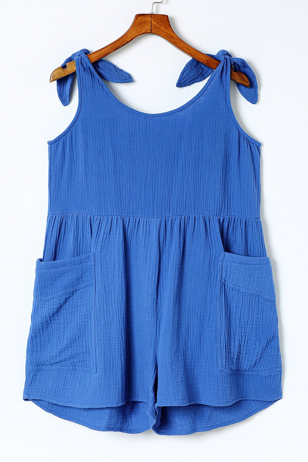 Blue Textured Knotted Straps High Waist Wide Leg Romper - Creative Designs by Shanny