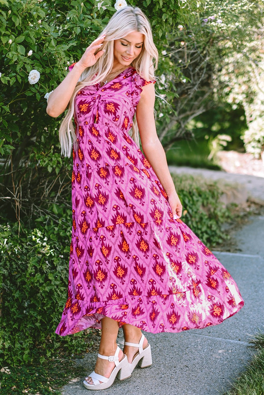 Bonbon Retro Print Twisted Front Ruffled Sleeve Maxi Dress - Creative Designs by Shanny