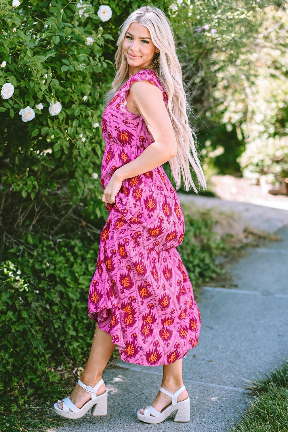 Bonbon Retro Print Twisted Front Ruffled Sleeve Maxi Dress - Creative Designs by Shanny