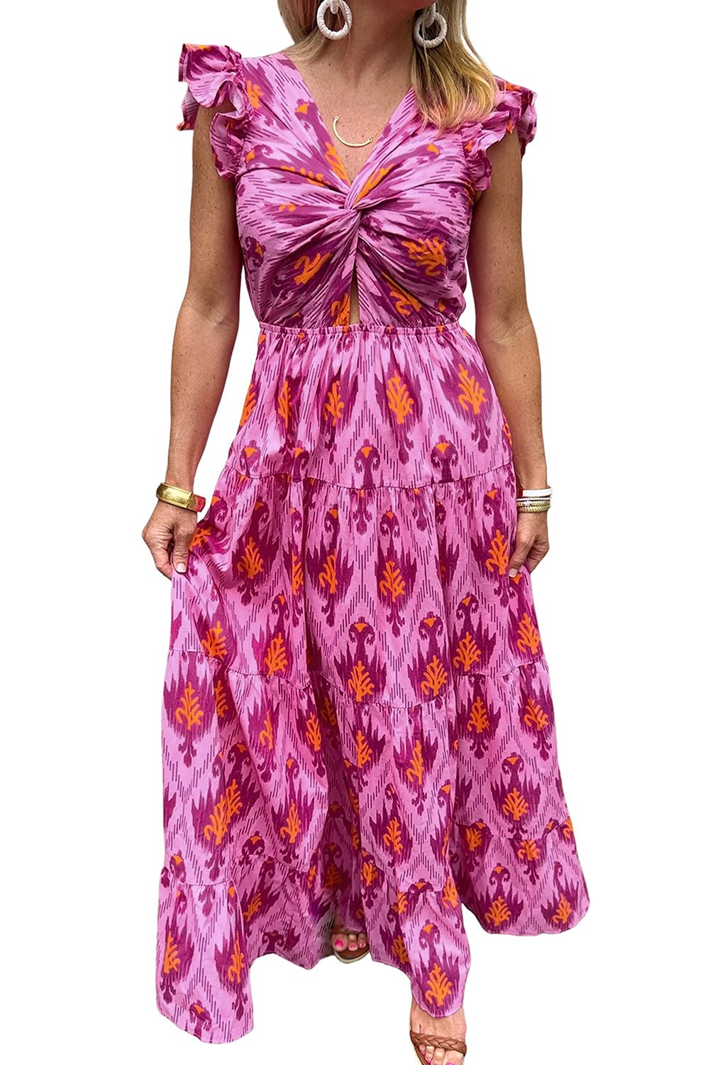 Bonbon Retro Print Twisted Front Ruffled Sleeve Maxi Dress - Creative Designs by Shanny